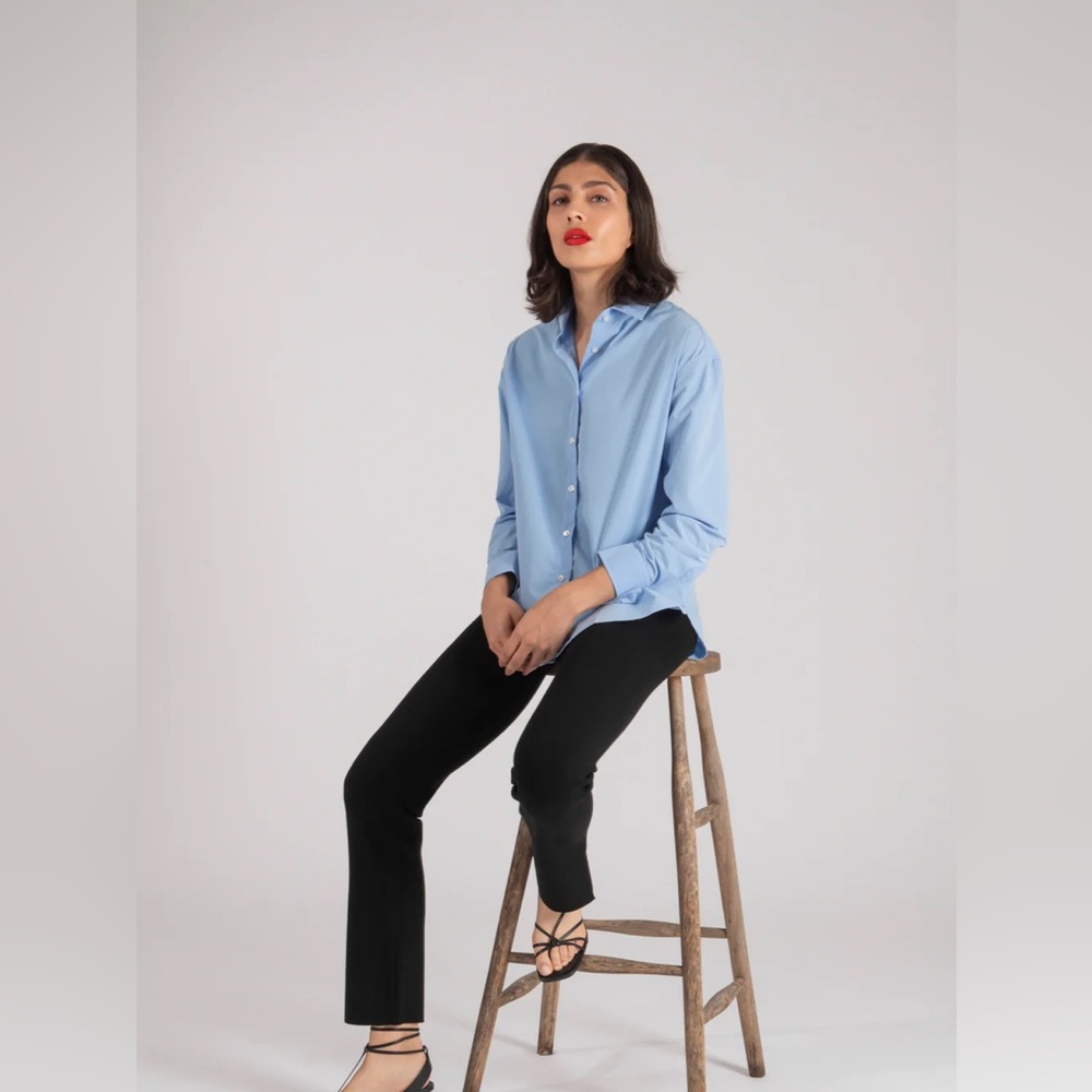 System of Motion 14 10 Blue Stripe Walter Shirt Button Down Top Travel Career - Picture 12 of 13
